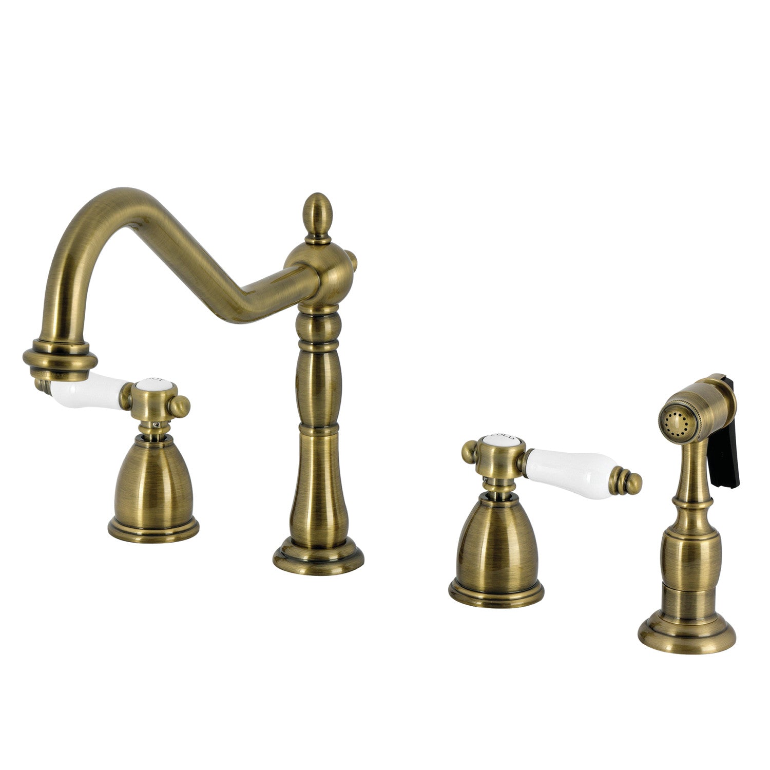 Kingston Heirloom KB1793BPLBS - Bel-Air Double-Handle Widespread Kitchen Faucet with Brass Sprayer, Antique Brass — image 1